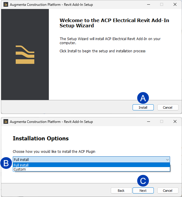 Installation wizard for ACP Electrical Revit Add-In with options for installation type.